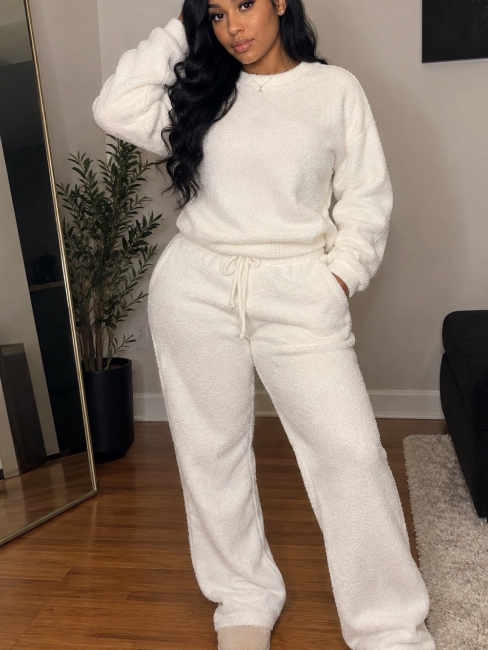 Cozy Plush Lounge Sweatshirt & Pants Set - Cream